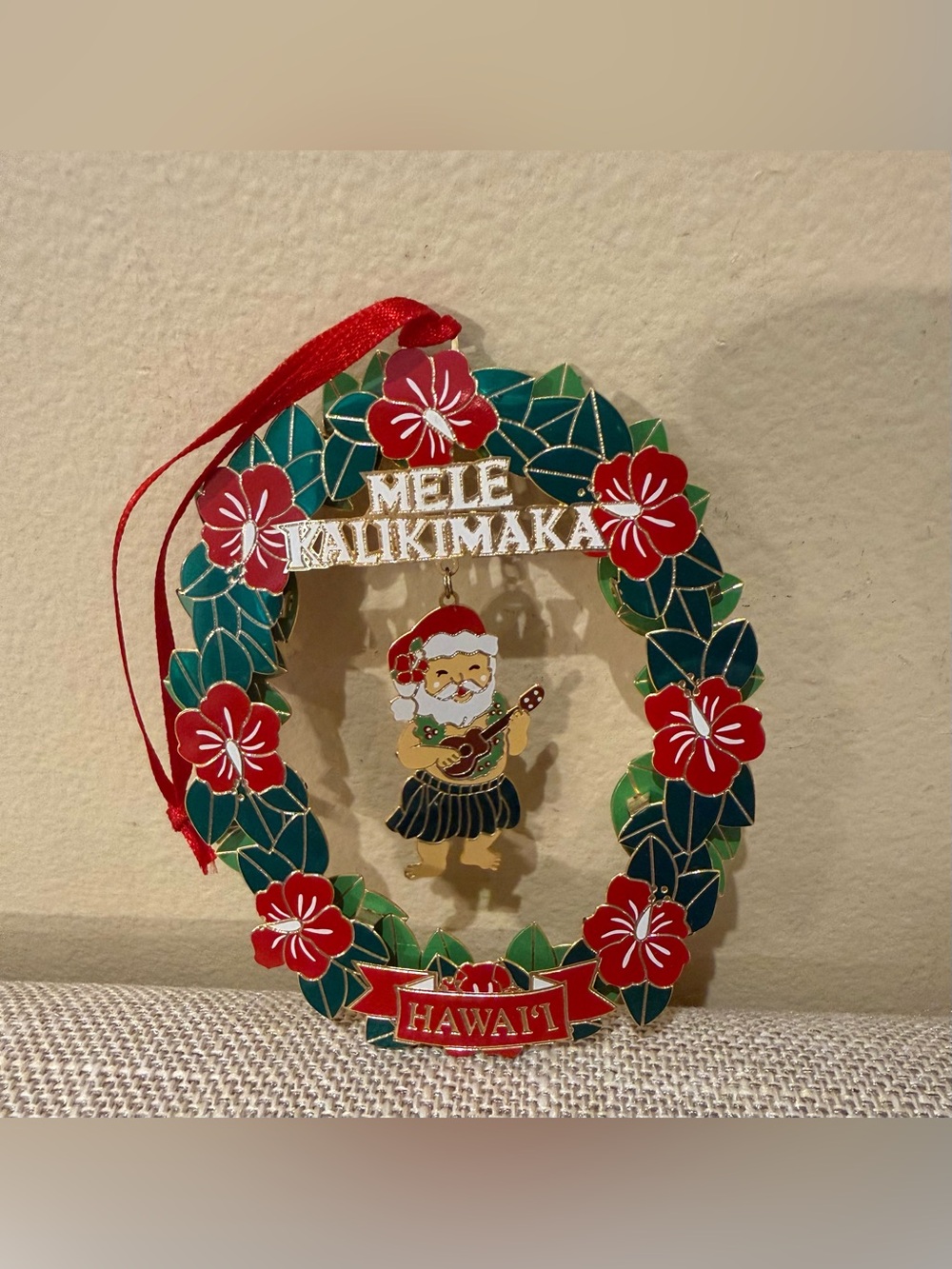 Vintage Island Heritage Brass Enamel Mele Kalikimaka Hawaiian Santa Ornament